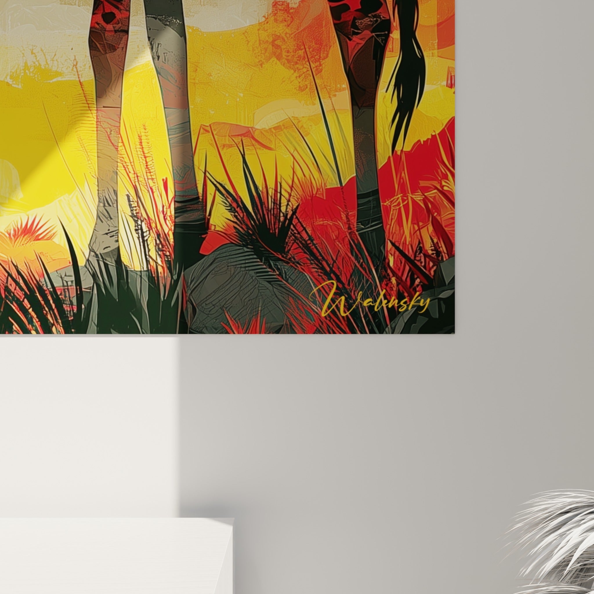 Détail des coulures rouge et jaune sur la robe tachetée de la girafe, matière picturale texturée