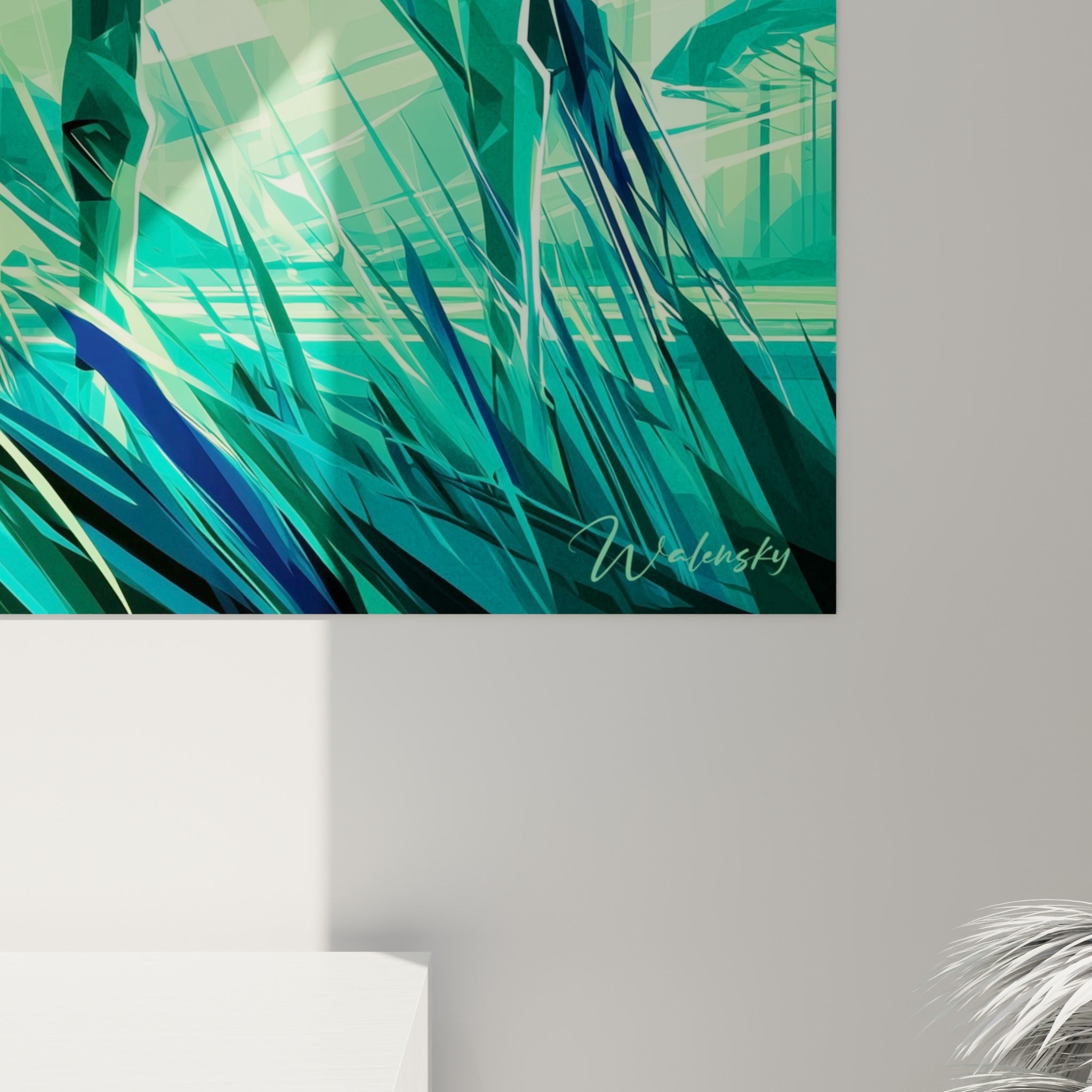 Détail des facettes turquoise et bleu marine, texture cristalline et empâtements visibles sur la toile