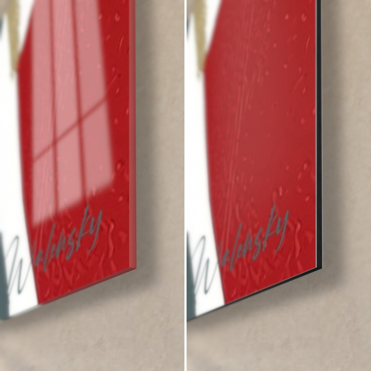 Schilderij gefragmenteerde rode figuur, rechtsonder: glanzend acrylglas met reflecties, mat zwart Dibond en 3 mm rand