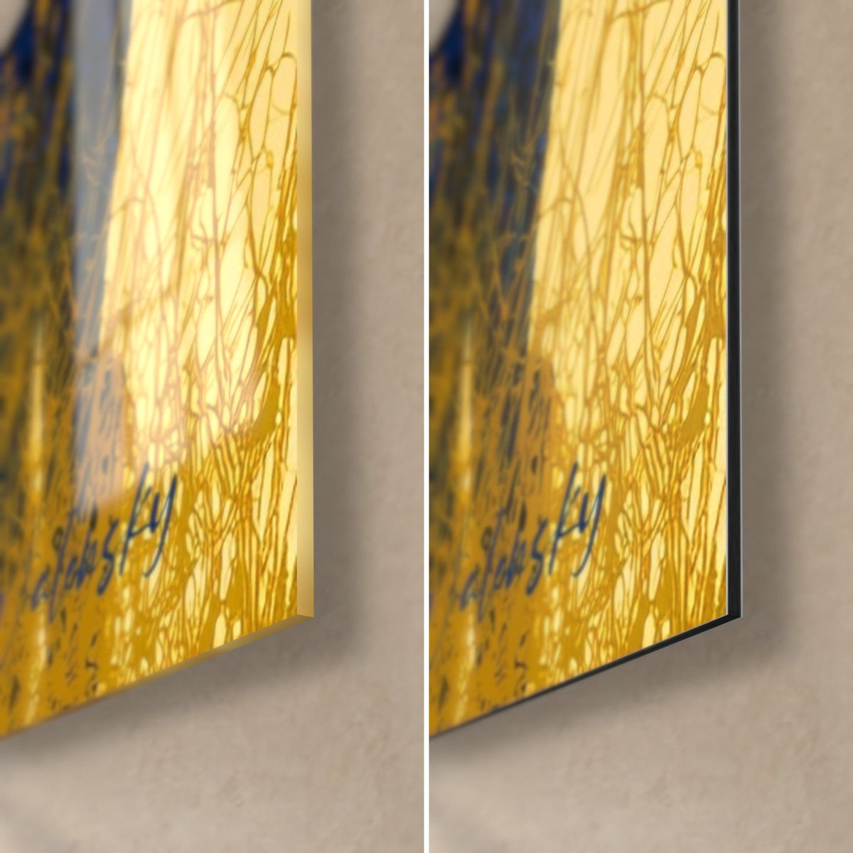 Gemälde Savanne mit goldgelbem Gras und Nachtblau, Walensky-Signatur, glänzendes Glas links, mattes Dibond-Aluminium rechts