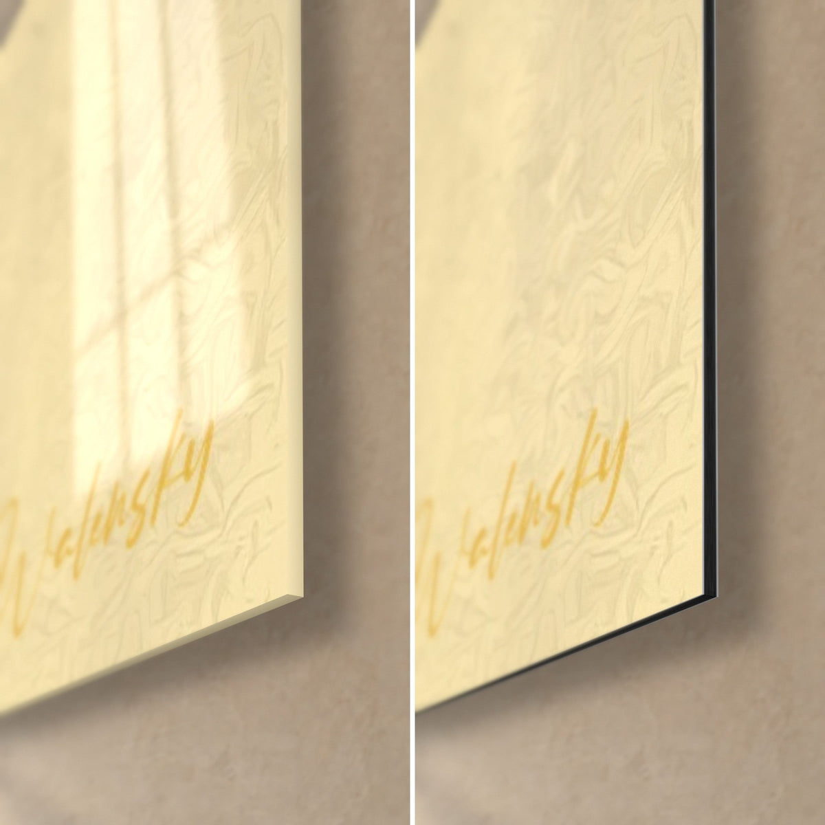 Wall art of a yellow and black giraffe, bottom right corner: glossy acrylic glass on the left, matte beige Dibond on the right, 3 mm edge