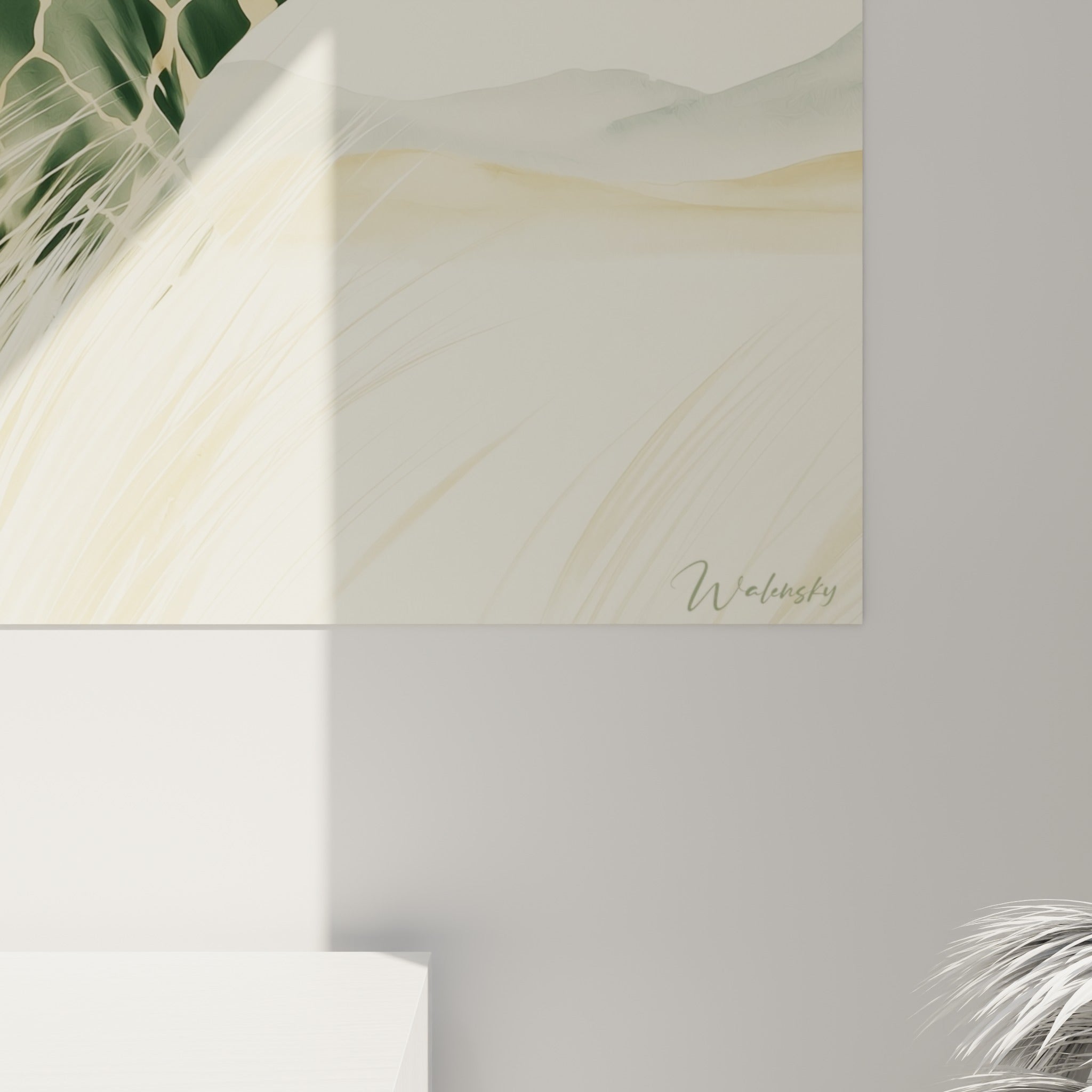 Détail des herbes dorées et taches vert sauge fusionnant en traits fins sur la toile