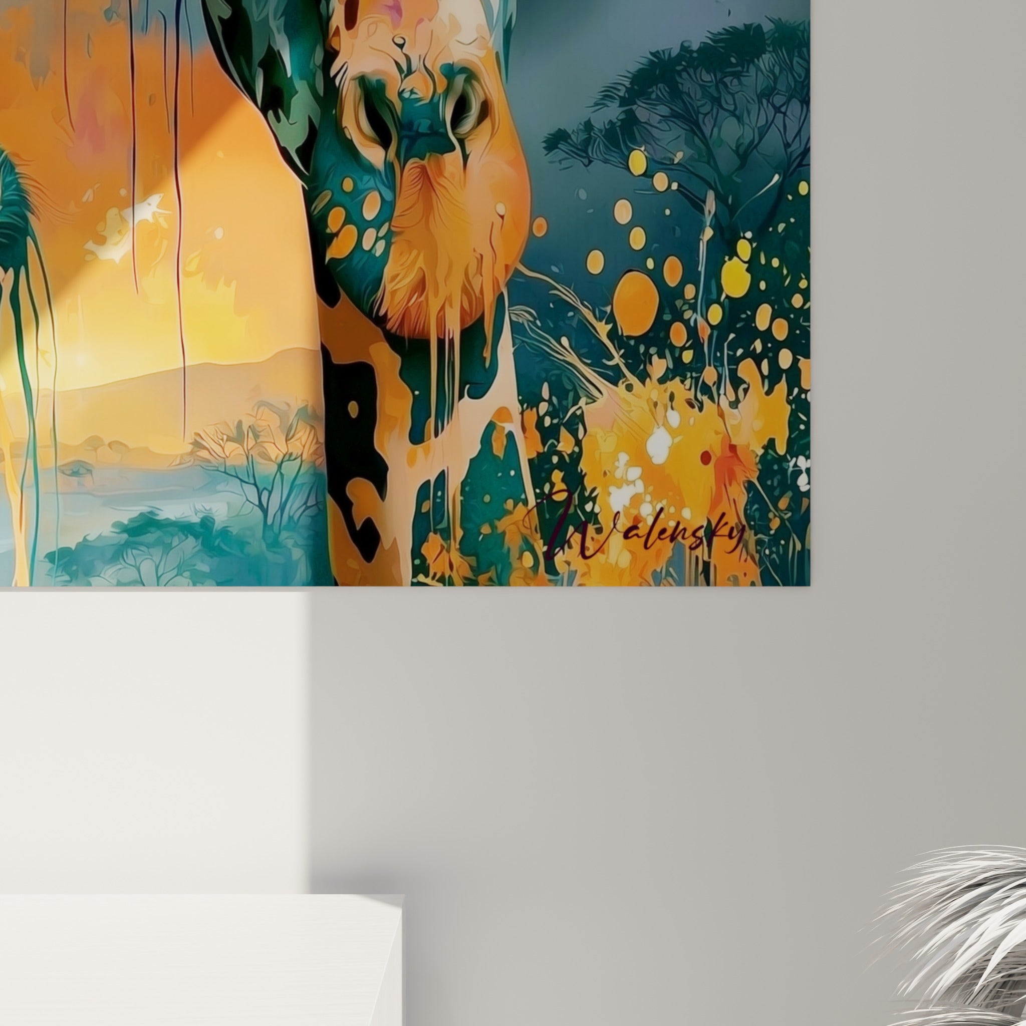 Empâtements de peinture orange et bleu pétrole formant les motifs éclatés du pelage des girafes