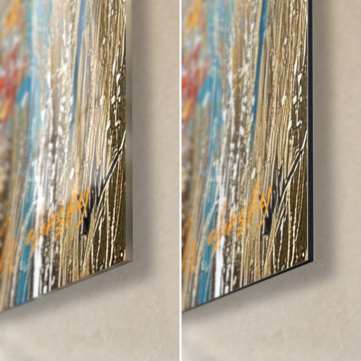 Tableau girafe aux herbes dorées et touches turquoise, coin bas droit : verre acrylique brillant à gauche, alu Dibond mat à droite, tranche 3 mm