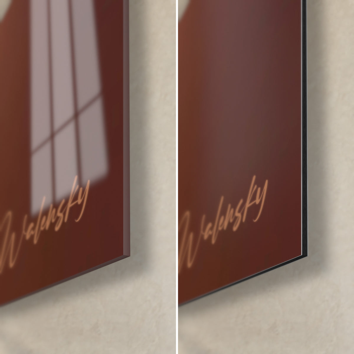 Wall art violet giraffe, copper Walensky signature on a burgundy background, lower right corner: glossy glass on the left, matte Dibond on the right