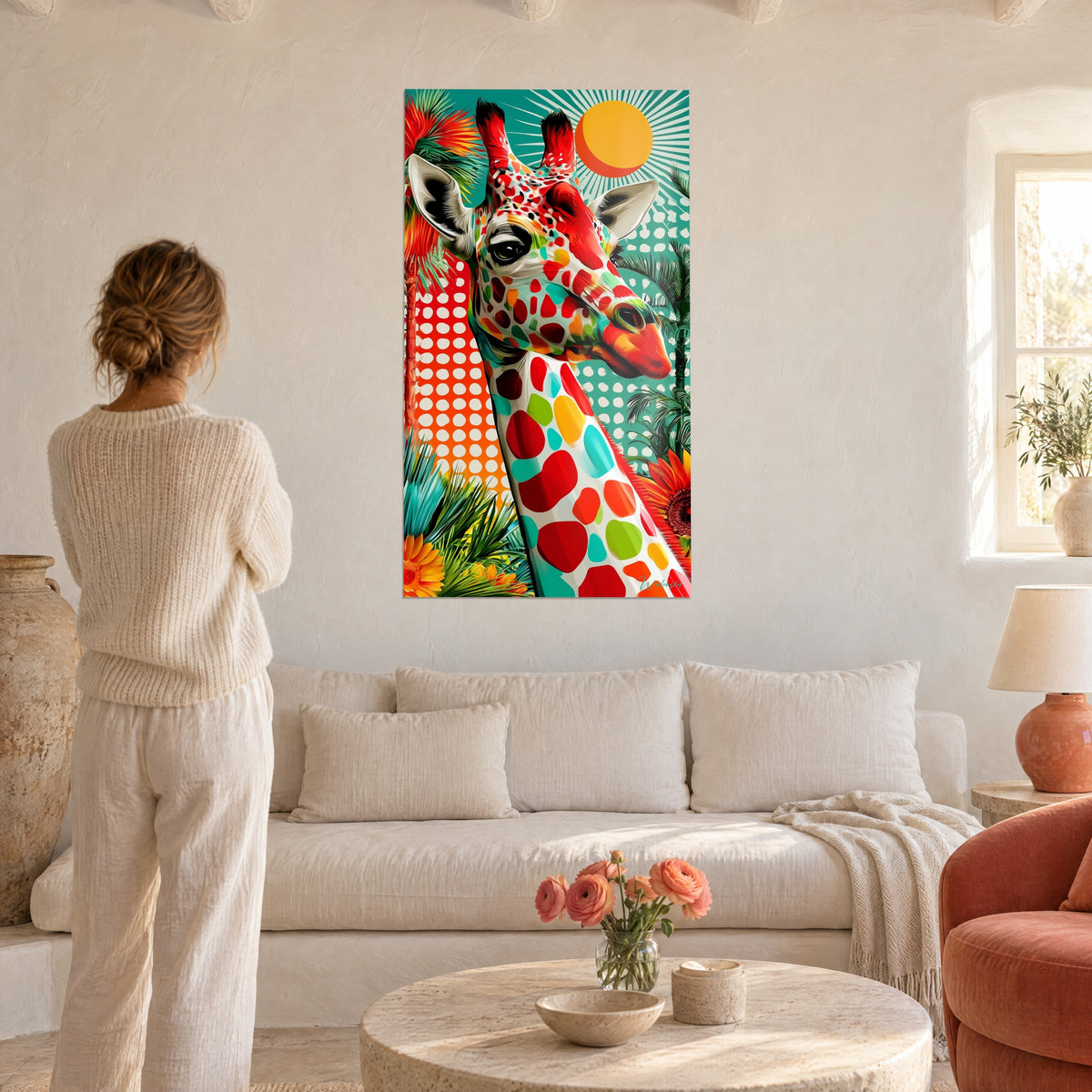 Cuadro jirafa pop art de pelaje rojo y turquesa, sol amarillo, palmeras, encima de un sofá en un salón luminoso