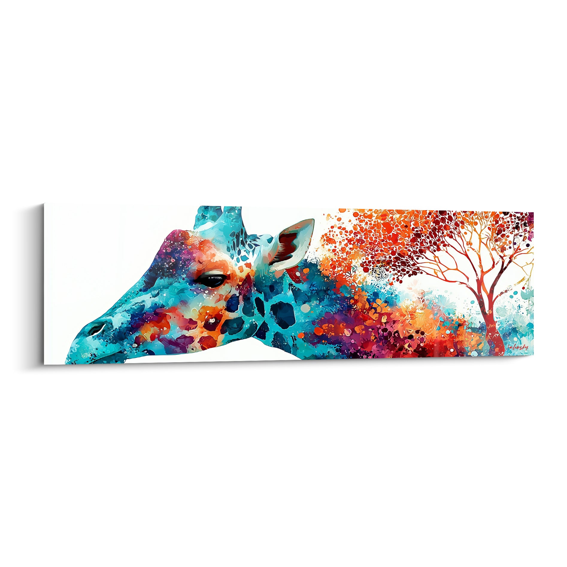 Girafe turquoise et corail, tête inclinée, aquarelle vibrante près d'un arbre flamboyant orangé
