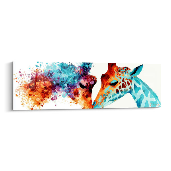 Tableau Girafe turquoise aux éclaboussures orangées - Fusion des couleurs - Edition Girafe