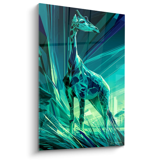 Tableau Girafe géométrique turquoise aux feuillages tranchants - Éclair de jungle - Edition Girafe