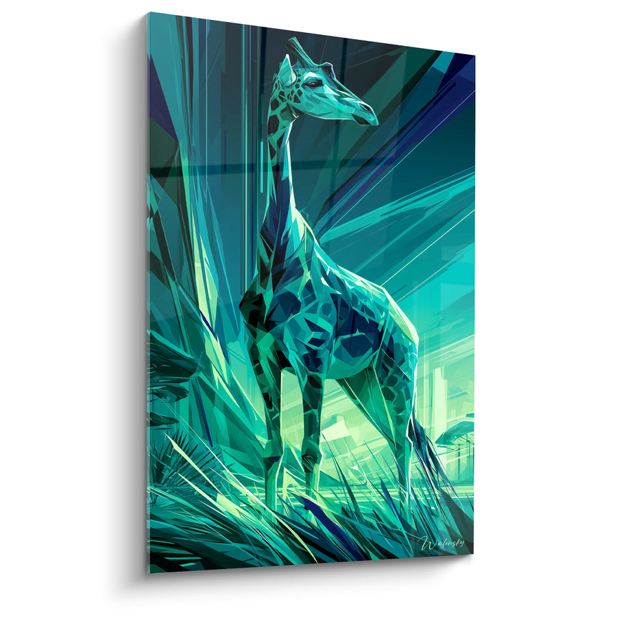 Tableau Girafe géométrique turquoise aux feuillages tranchants - Éclair de jungle - Edition Girafe
