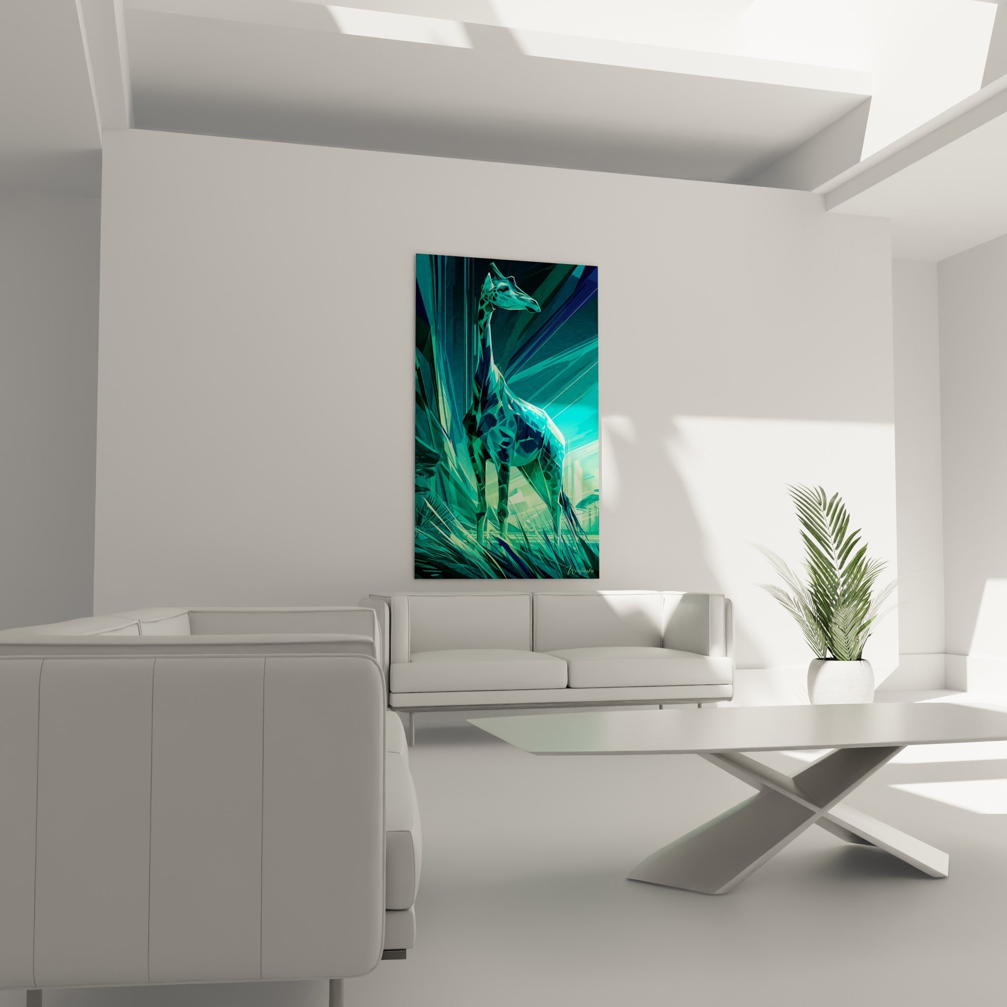 Tête de girafe stylisée aux tons bleu marine et turquoise éclatant au-dessus d'un canapé dans un salon lumineux