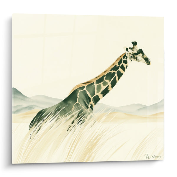Tableau Girafe verte se dissolvant en herbes dorées - Fusion sauvage - Edition Girafe