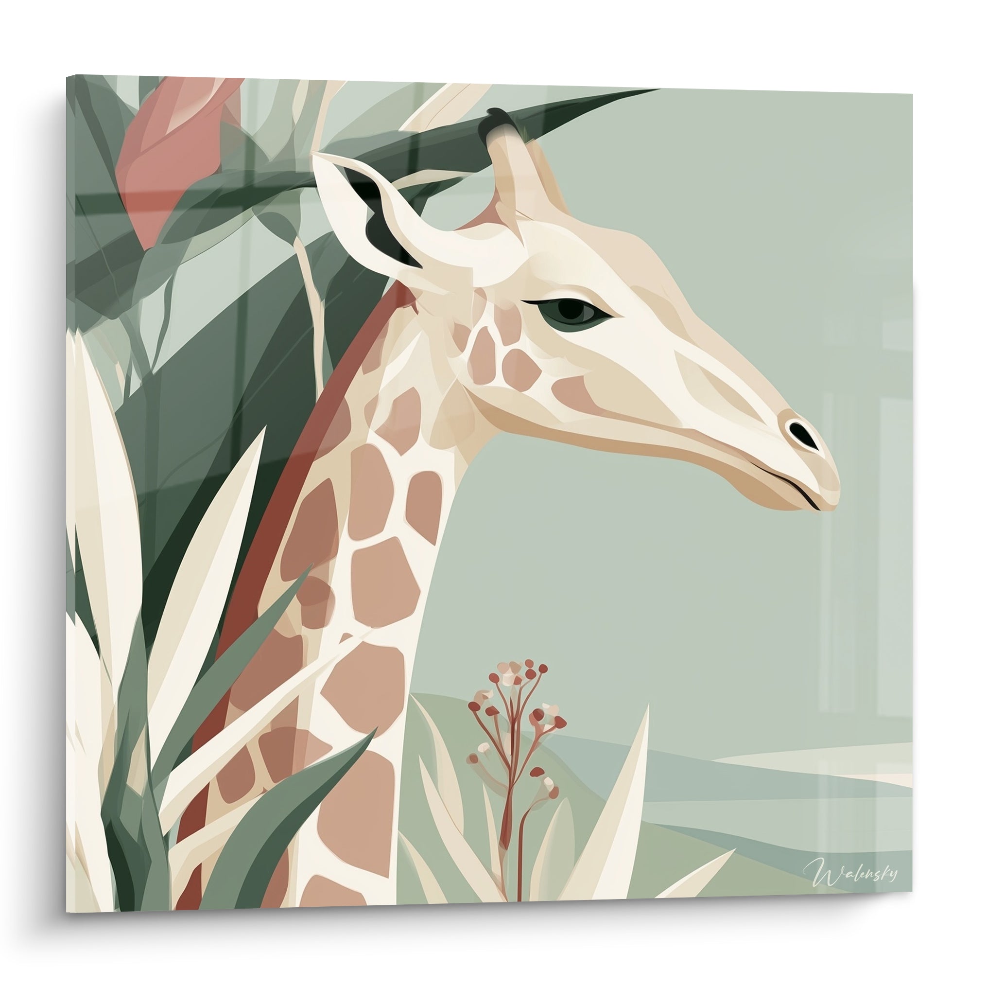 Girafe au cou terracotta et vert sauge, profil doux devant un feuillage tropical stylisé