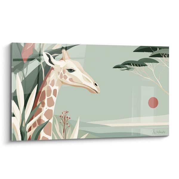 Tableau Girafe vert sauge et rose poudré près d'un disque rouge - Feuillages d'agave et fleurs séchées - Edition Girafe