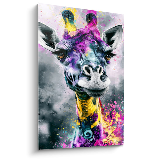 Tableau Girafe violette et jaune aux spirales colorées - Museau noir et blanc - Edition Girafe