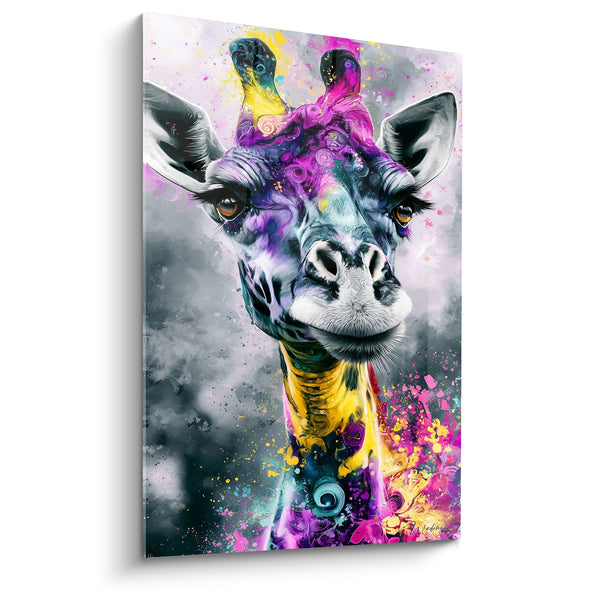 Tableau Girafe violette et jaune aux spirales colorées - Museau noir et blanc - Edition Girafe