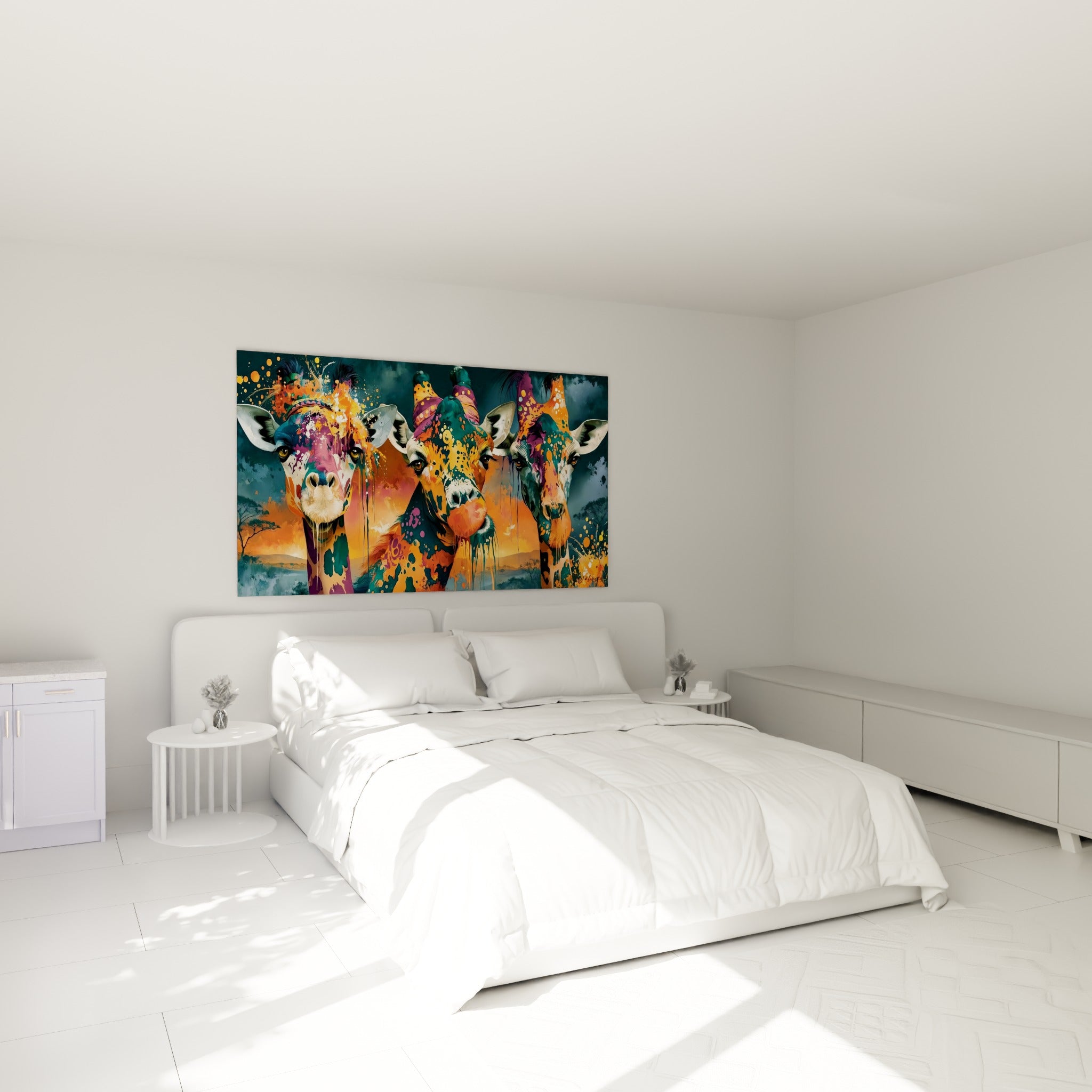 Girafes multicolores aux tons turquoise et orange accrochées au-dessus d'un lit dans une chambre claire
