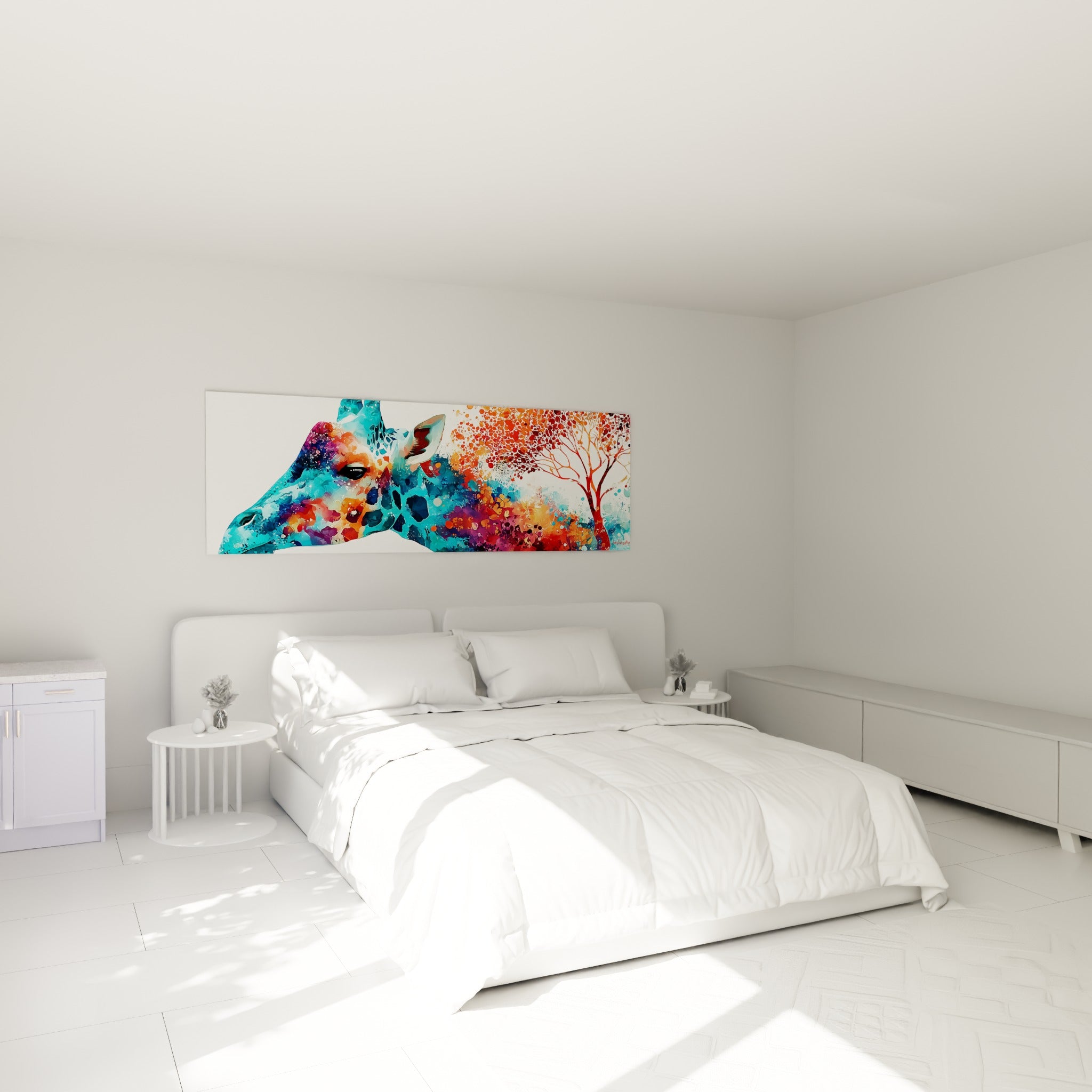 Girafe aux teintes turquoise et violette peinte au-dessus d'un lit dans une chambre claire