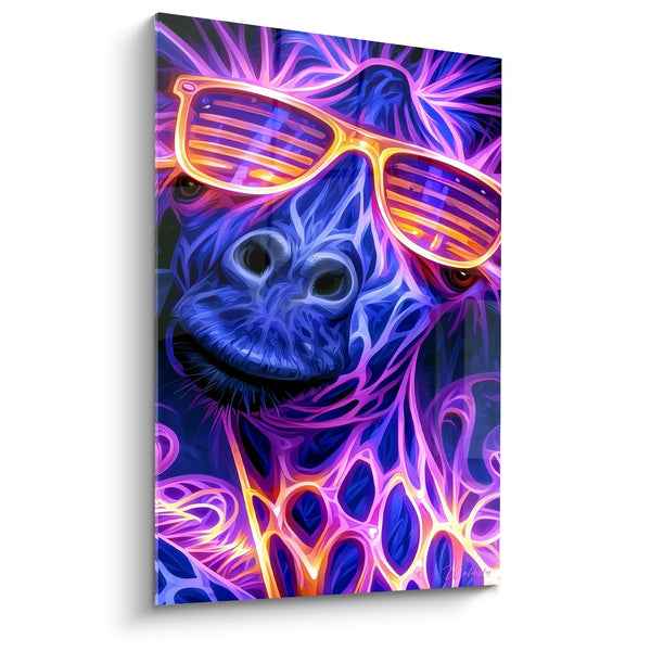 Tableau Girafe violette et orange aux lunettes fluo - Contours néon vibrants - Edition Girafe