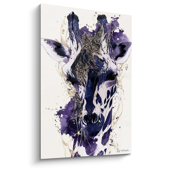 Tableau Girafe violette et blanche aux racines dorées - Portrait frontal éclaboussé - Edition Girafe