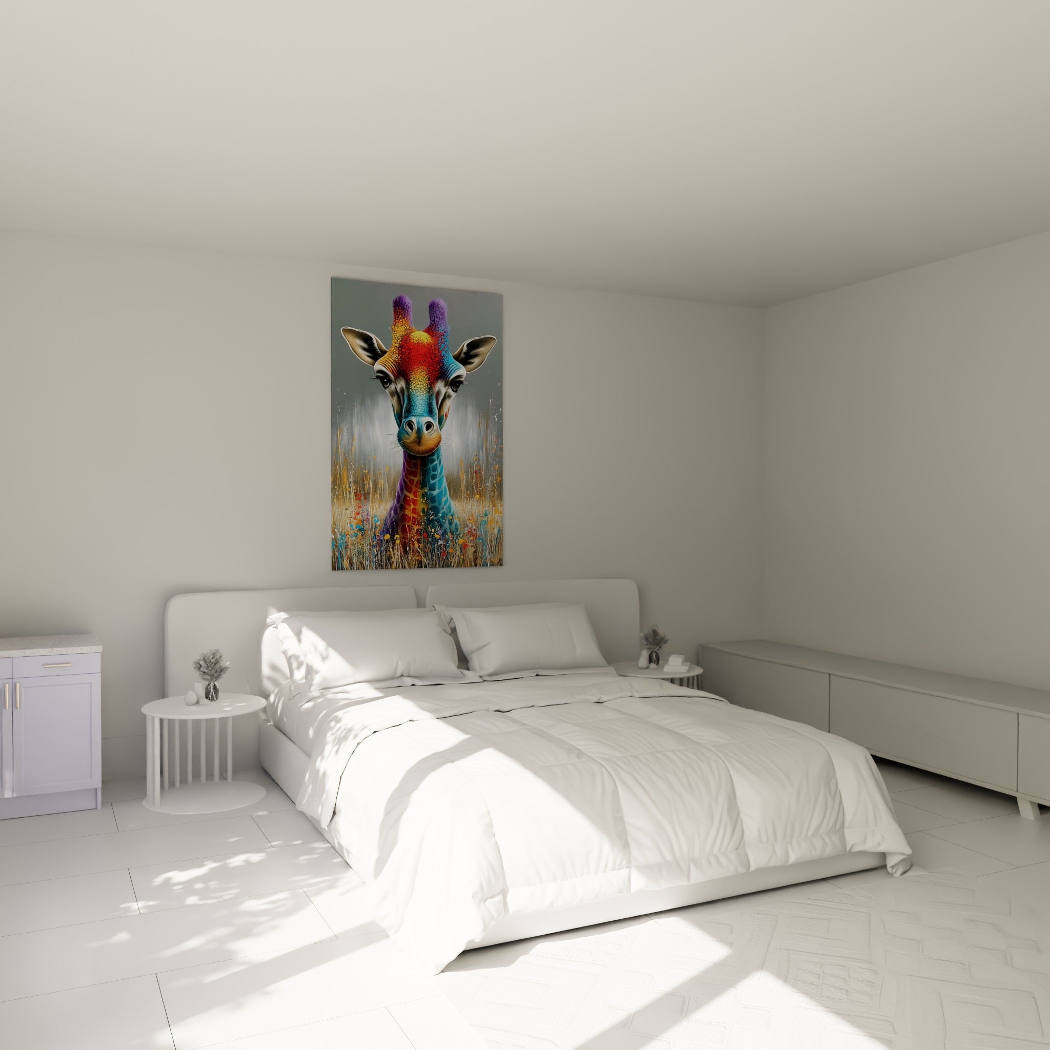 Museau bleu turquoise et cornes violettes de la girafe accrochés au-dessus d'un lit dans une chambre claire