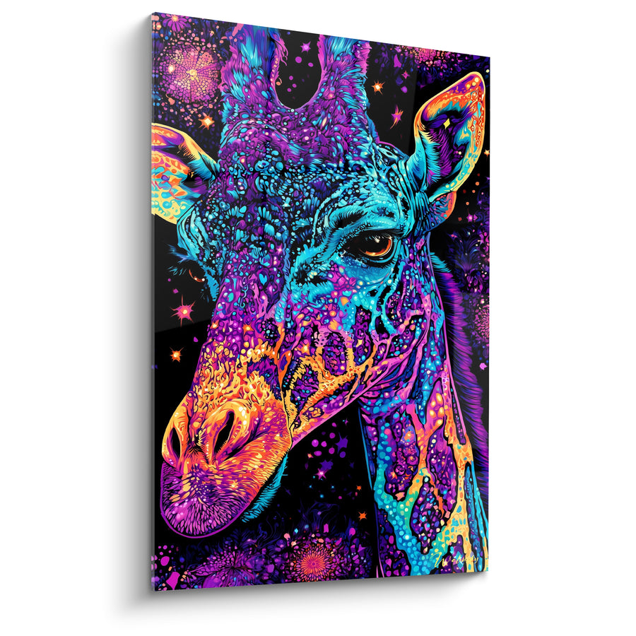 Tableau Girafe violette aux motifs turquoise éclatants - Transe cosmique - Edition Girafe