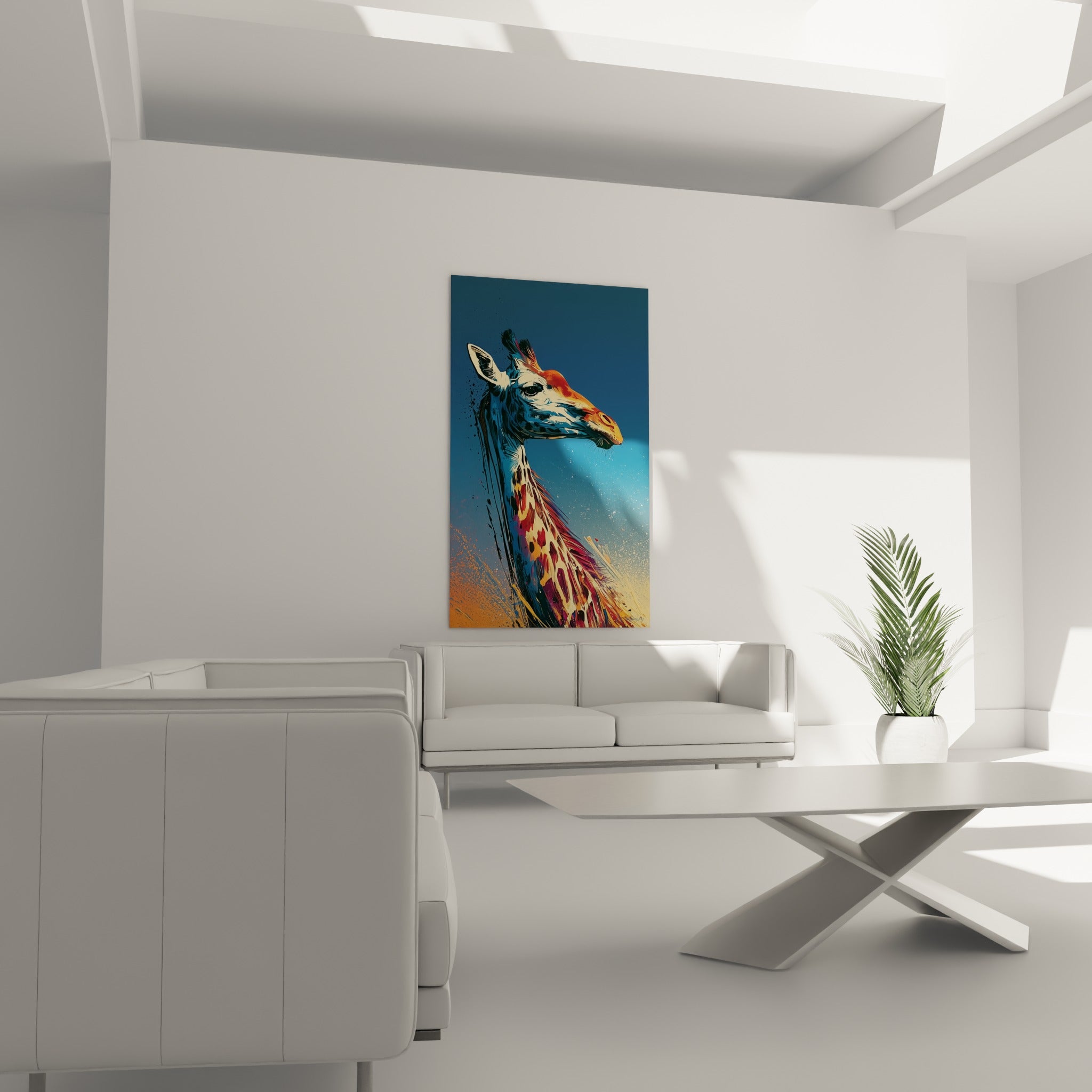 Tête de girafe blanche et orangée au regard doux au-dessus d'un canapé dans un salon lumineux