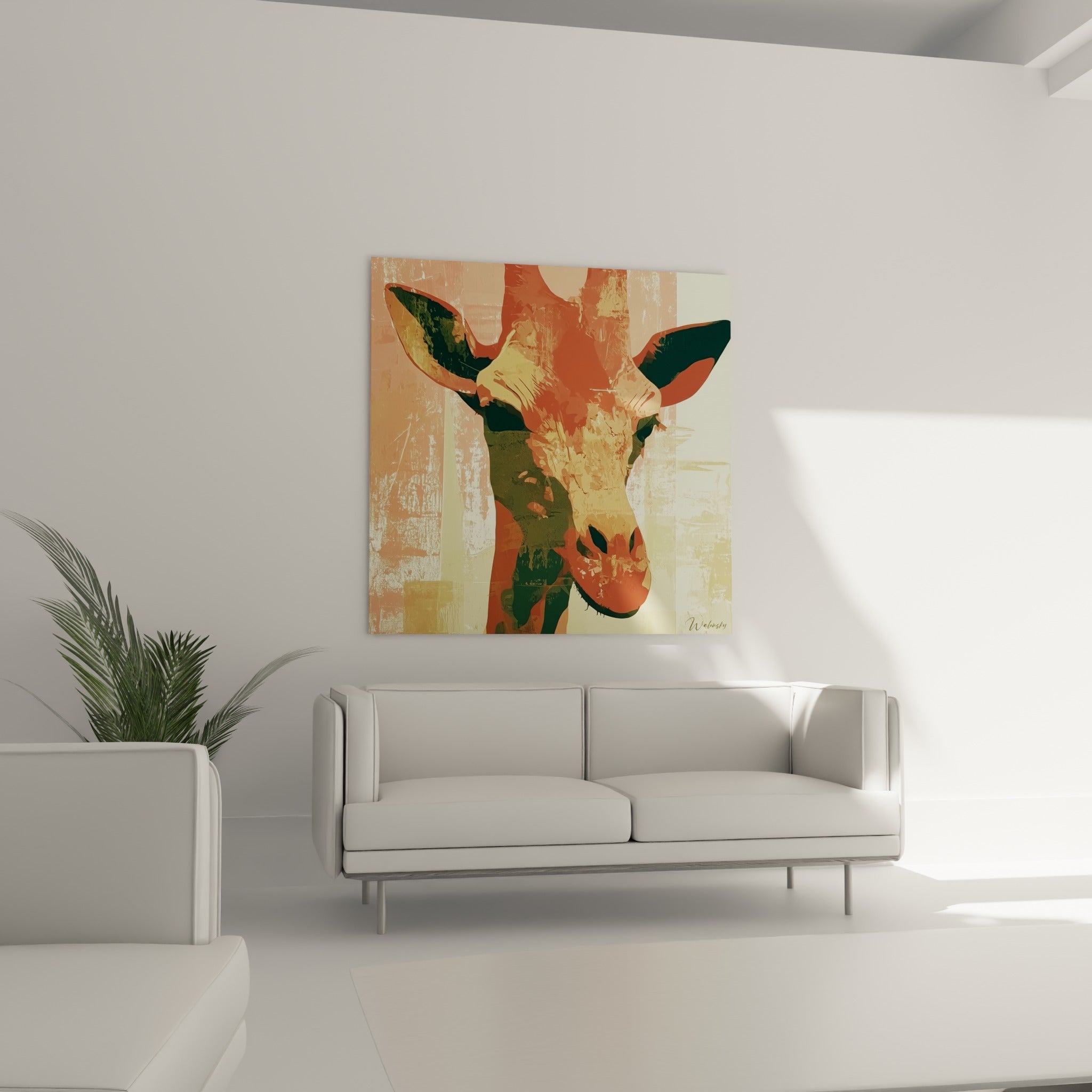 Visage de girafe en tons terracotta et kaki, traits graphiques marqués, au-dessus d'un canapé dans un salon lumineux