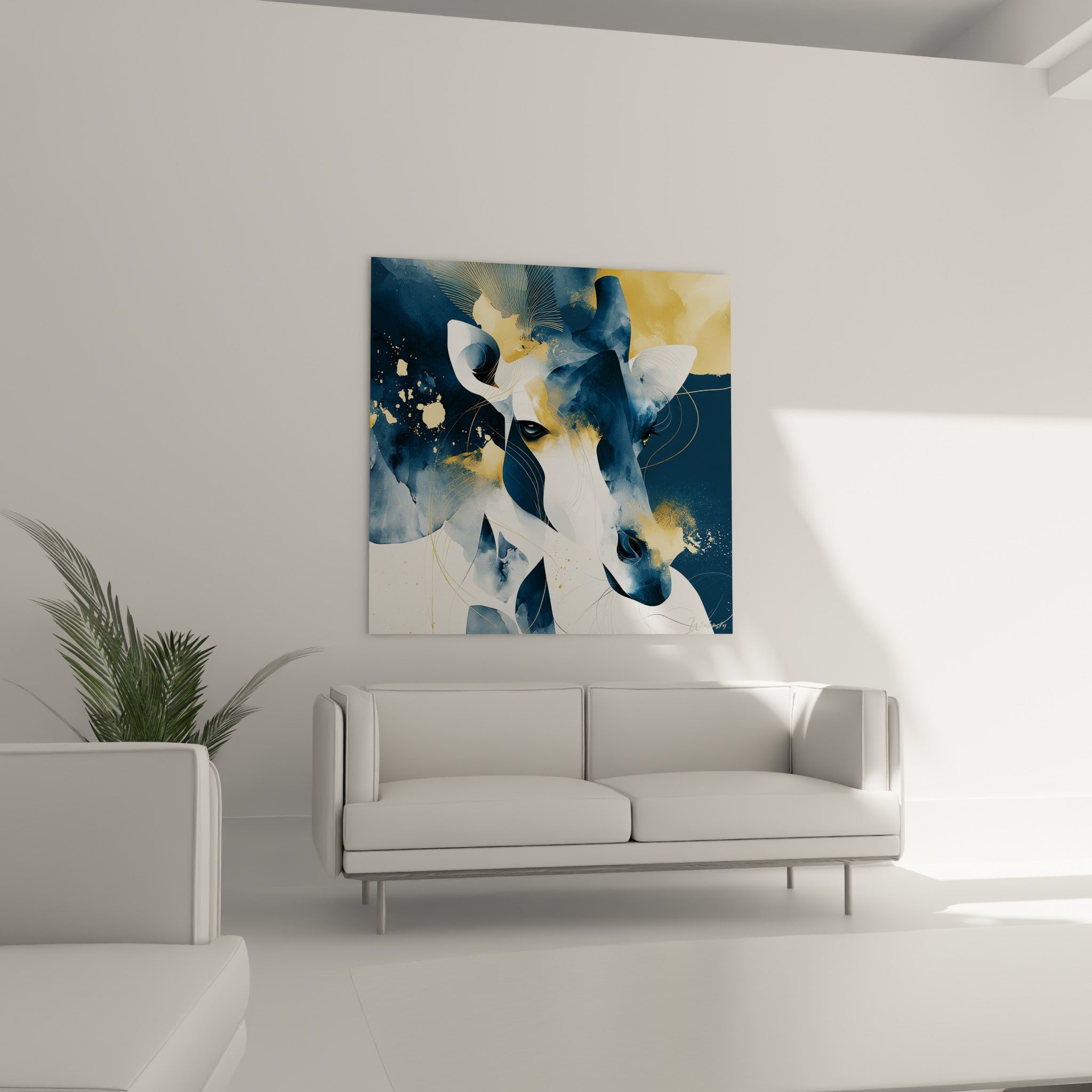 Visage de girafe stylisé en bleu marine et touches dorées, suspendu au-dessus d'un canapé dans un salon lumineux