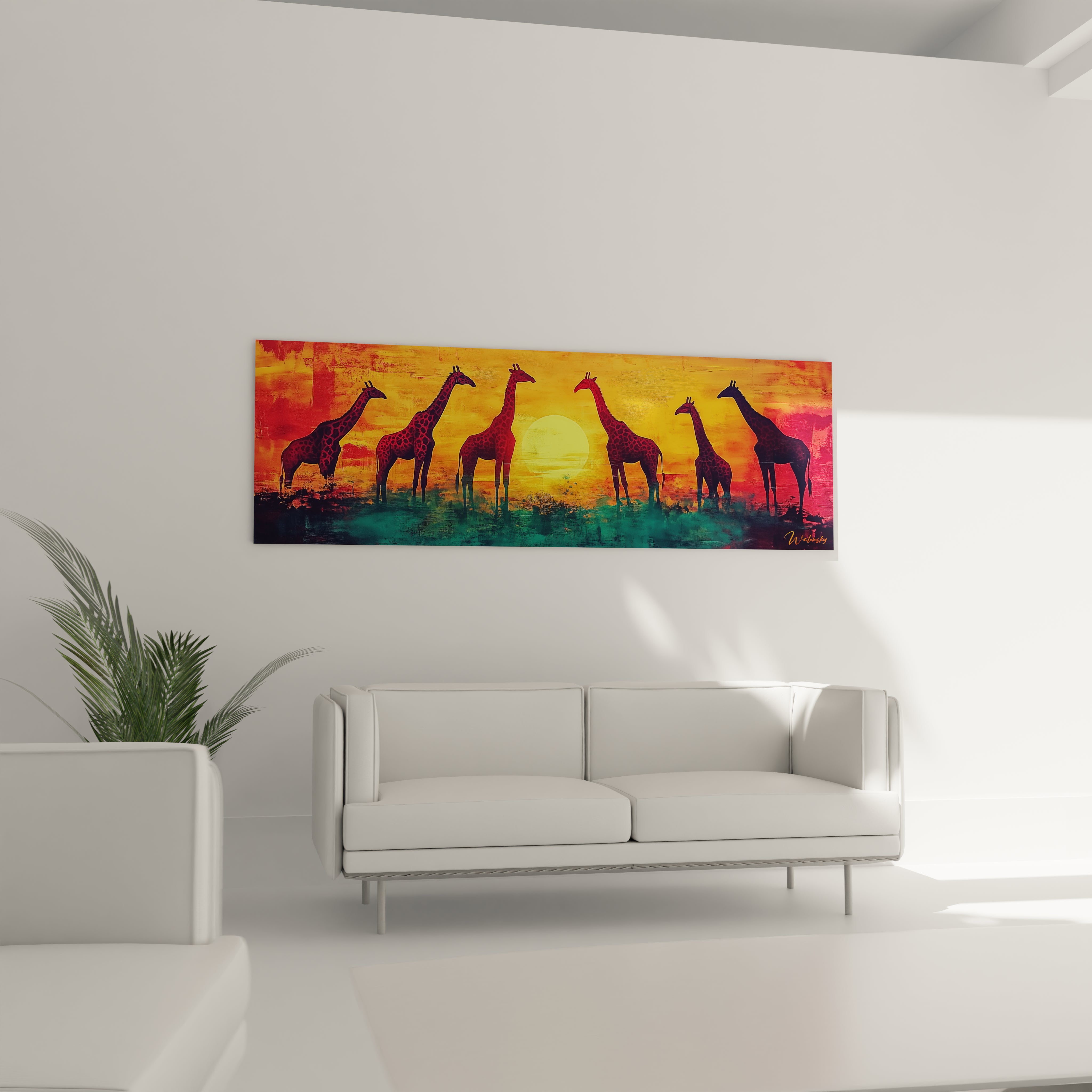 Tableau girafe Walensky offrant une belle silhouette de girafes au coucher de soleil dans des couleurs vibrantes