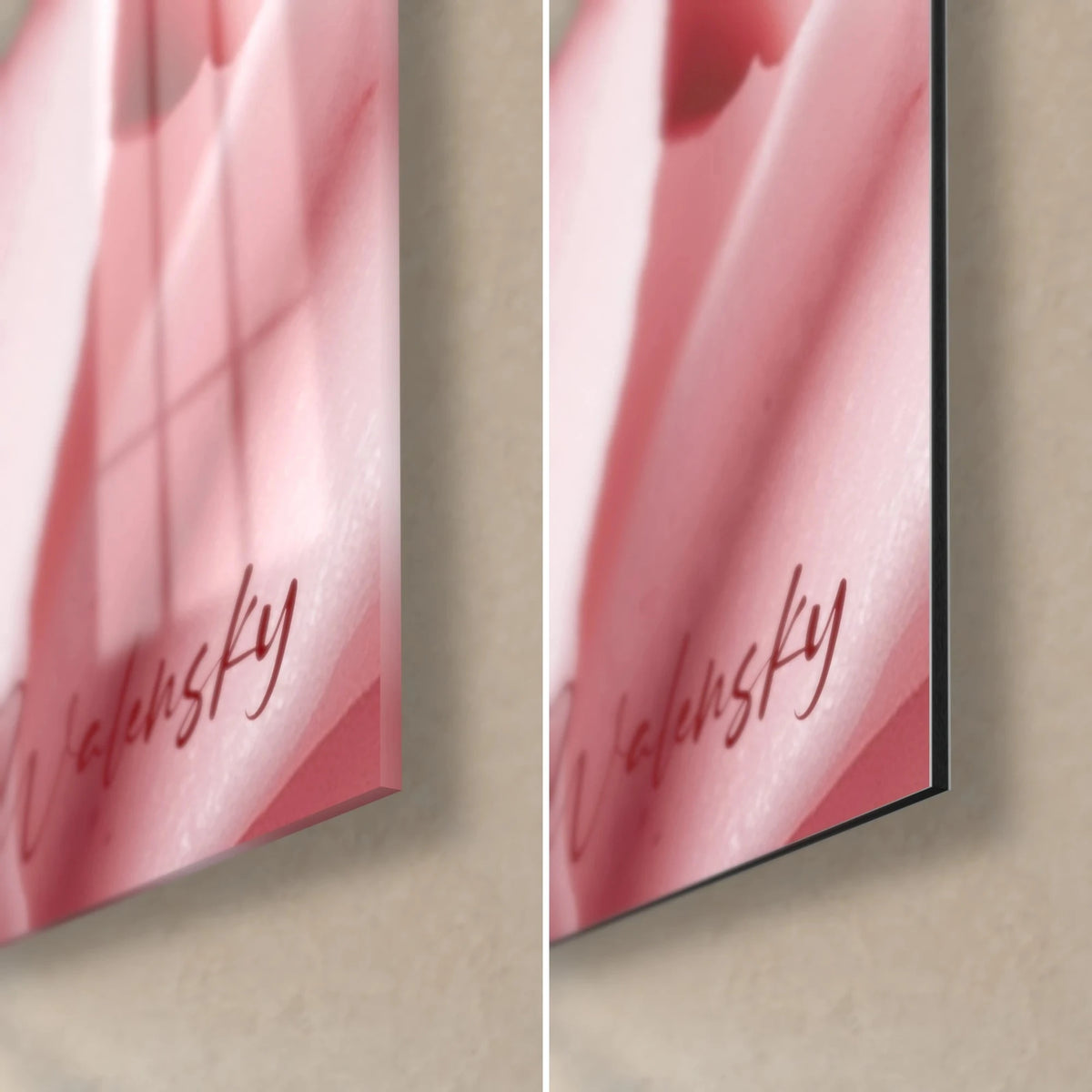 Wall art soft pink meringue swirls, bottom right corner: glossy glass with reflections on the left, matte Dibond on the right