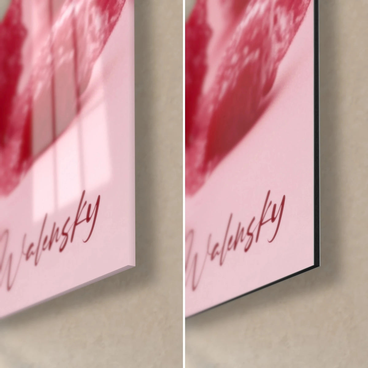 Gemälde Himbeereis, untere rechte Ecke: glänzendes Acrylglas mit Reflexen und mattschwarzes Dibond-Aluminium, 3 mm Kante und Walensky-Signatur