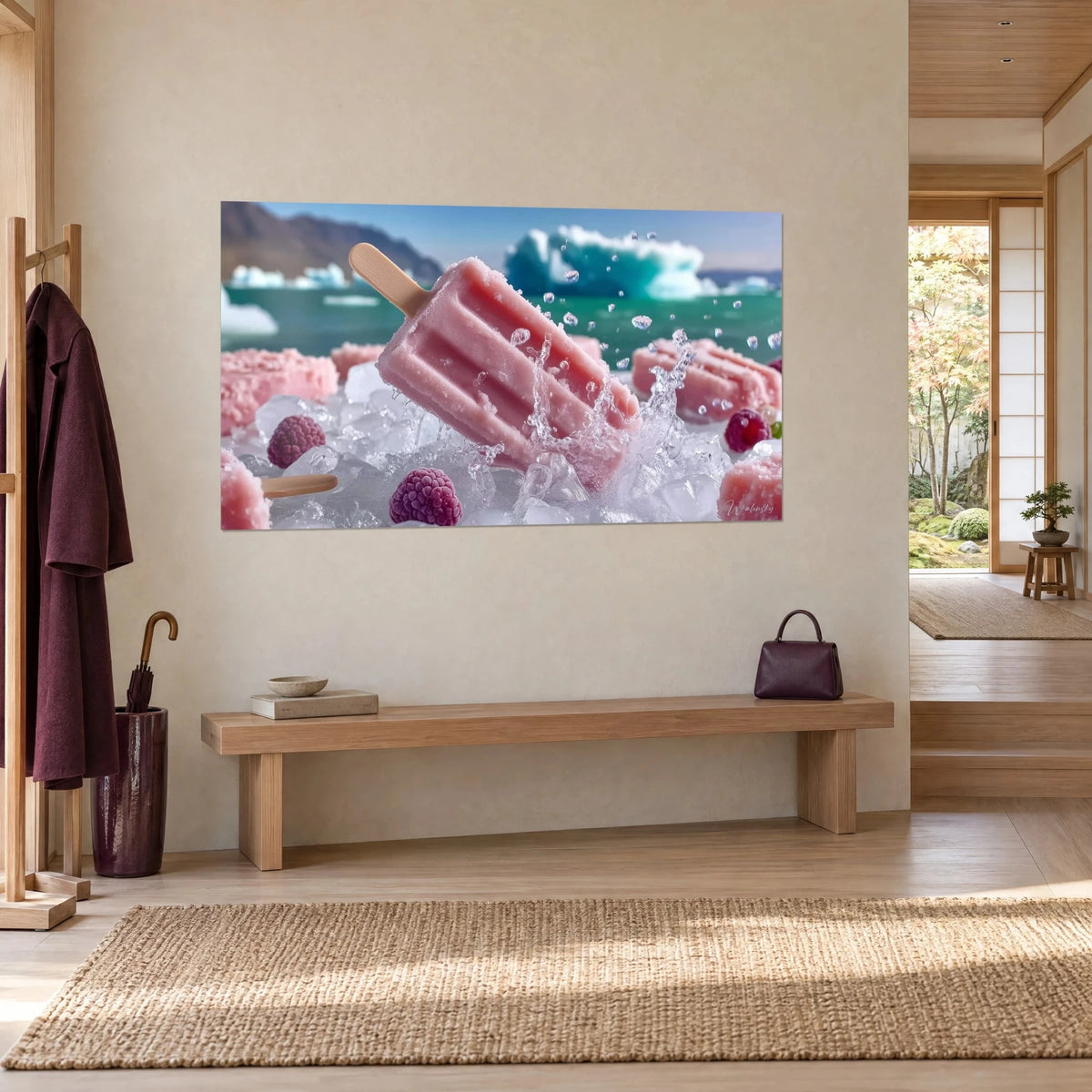 Wall art of strawberry popsicle dusted with coconut, crystalline splashes, glacier blue and pink, three-quarter view on a beige wall