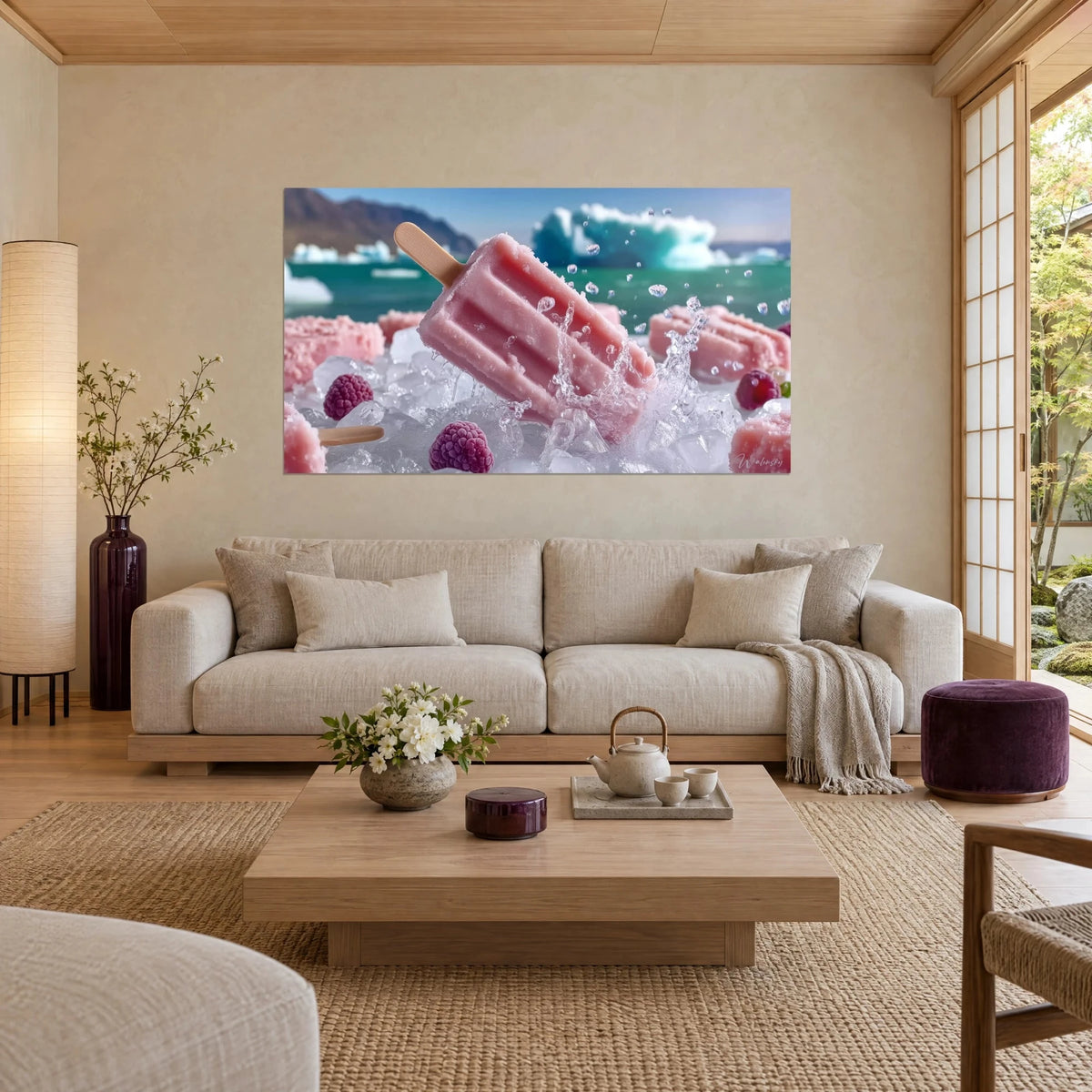 Wall art of pink frosted popsicle on a light wooden stick, crimson raspberries and turquoise iceberg, above a sofa in a bright living room