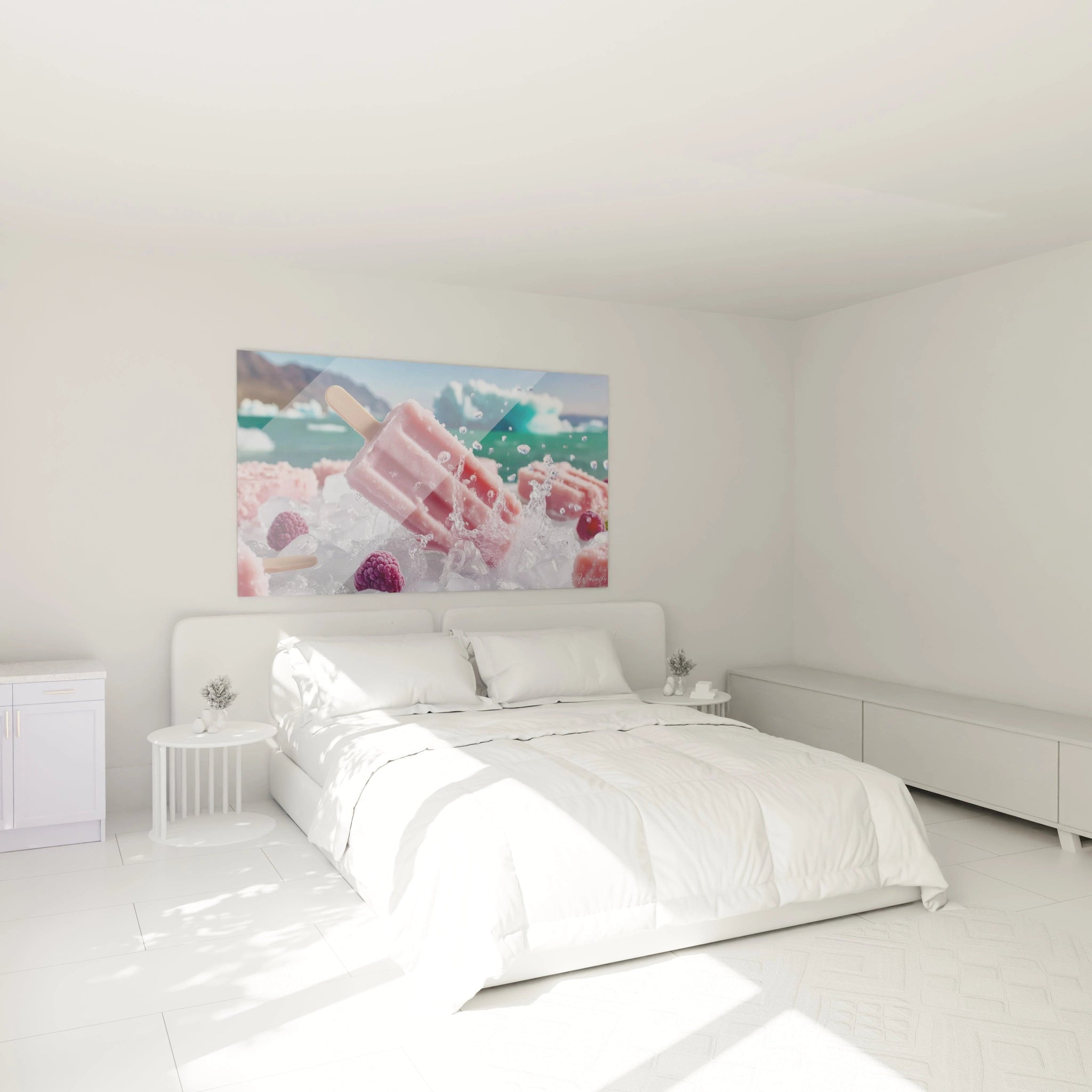 Walensky tableau mural art givré grand format au dessus du lit blanc montrant sucettes glacées et framboises