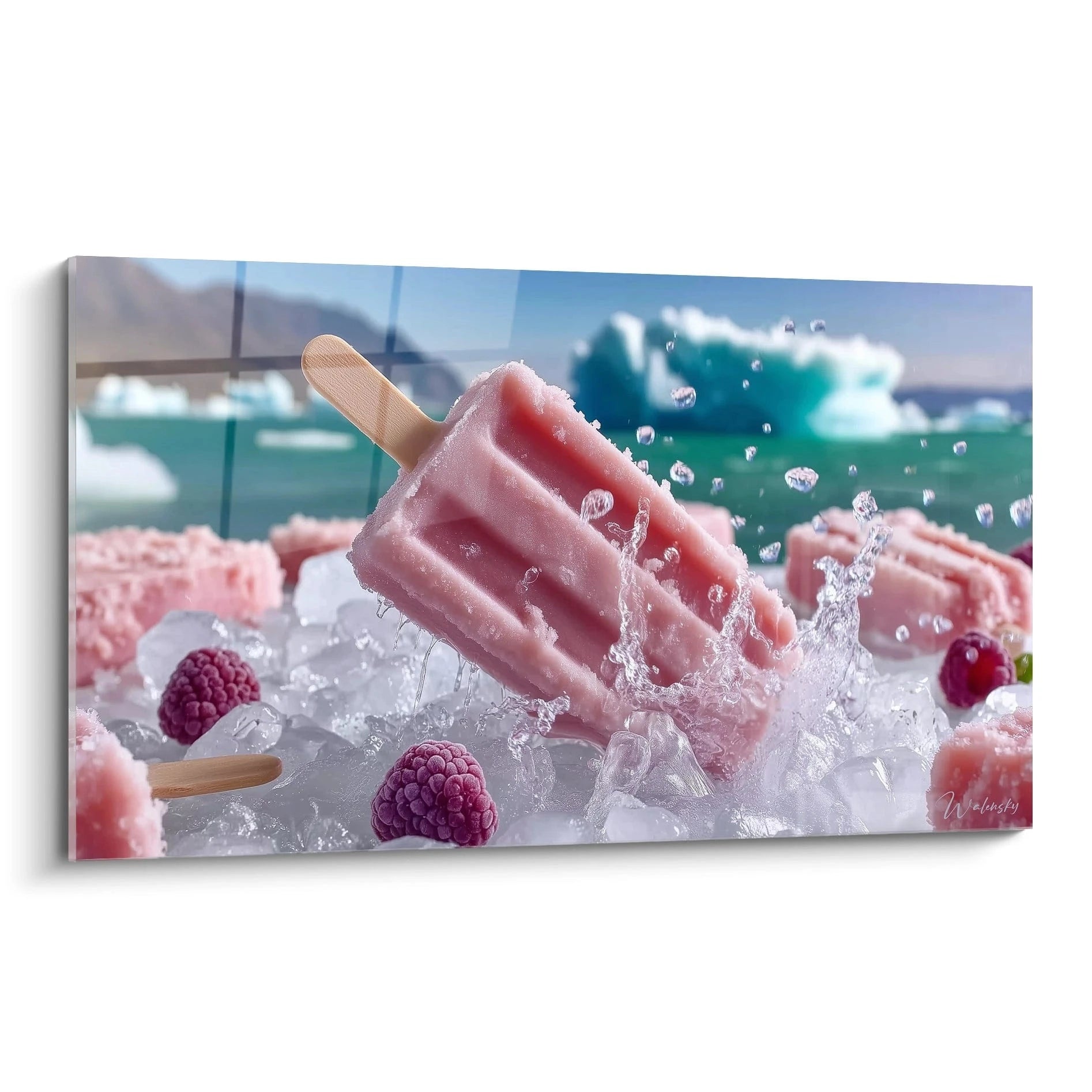 tableau mural art givré Walensky montrant sucettes glacées roses sur glace avec framboises et iceberg