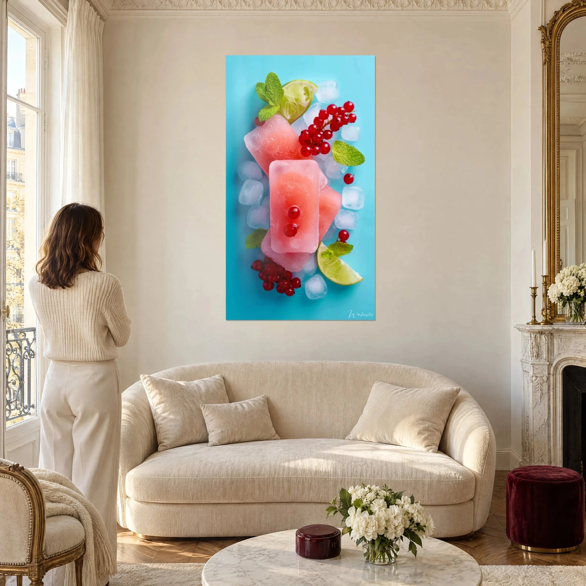 Tableau glaces rose pastel aux groseilles rouges et citron vert sur fond turquoise, femme de dos, au-dessus d'un canapé dans un salon lumineux
