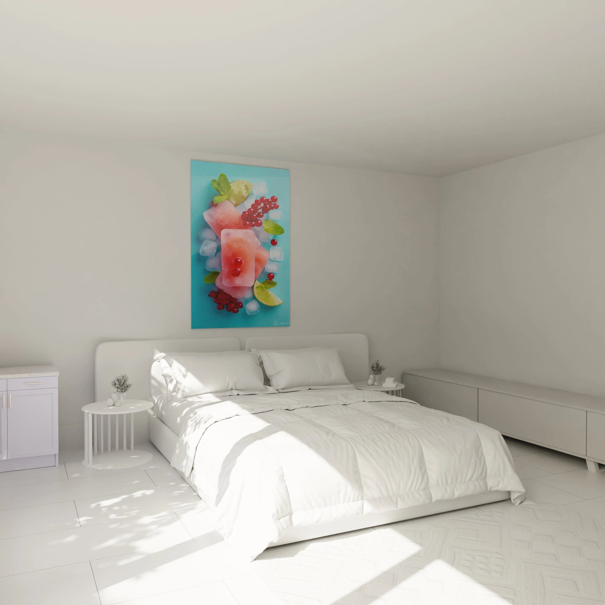tableau mural menthe sauvage Walensky au dessus du lit blanc minimaliste dans une chambre lumineuse