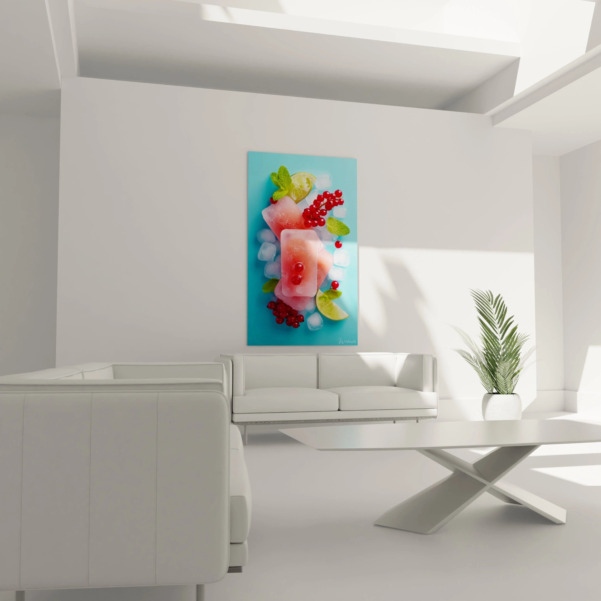 tableau mural menthe sauvage Walensky affichant fruits glacés feuilles de menthe et design vertical moderne pour salon blanc