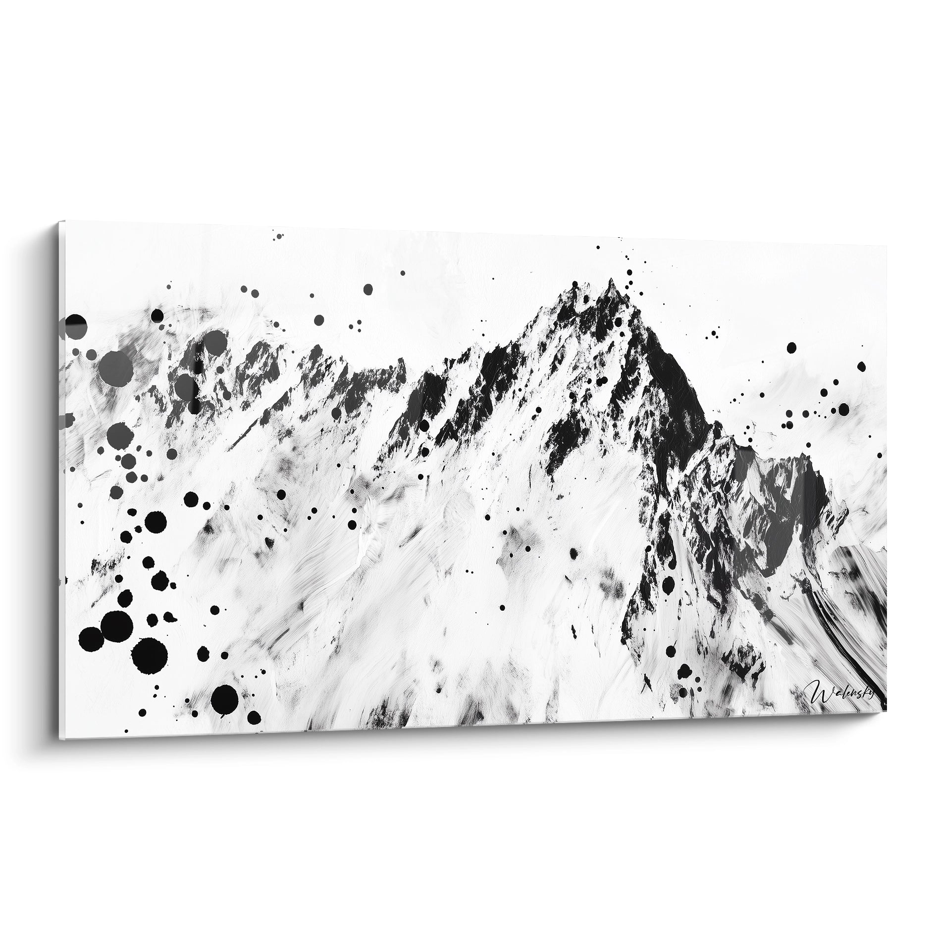 Tableau tacheté noir et blanc de Walensky représentant des montagnes abstraites en peinture