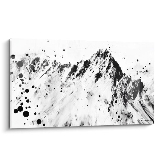 Walensky speckled black and white painting depicting abstract mountains in paint