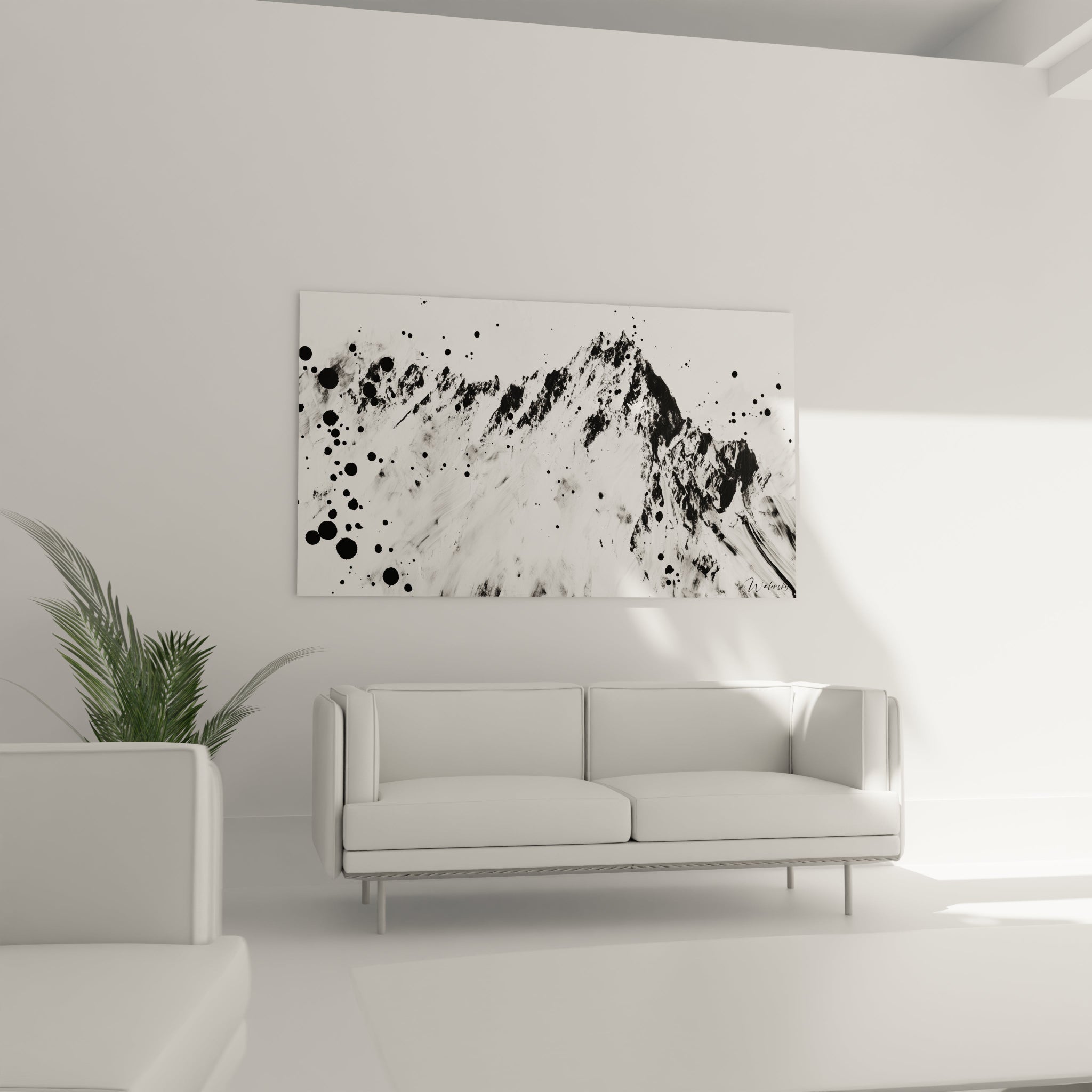 Tableau tacheté noir et blanc de Walensky représentant des montagnes, parfait pour décorer un salon moderne
