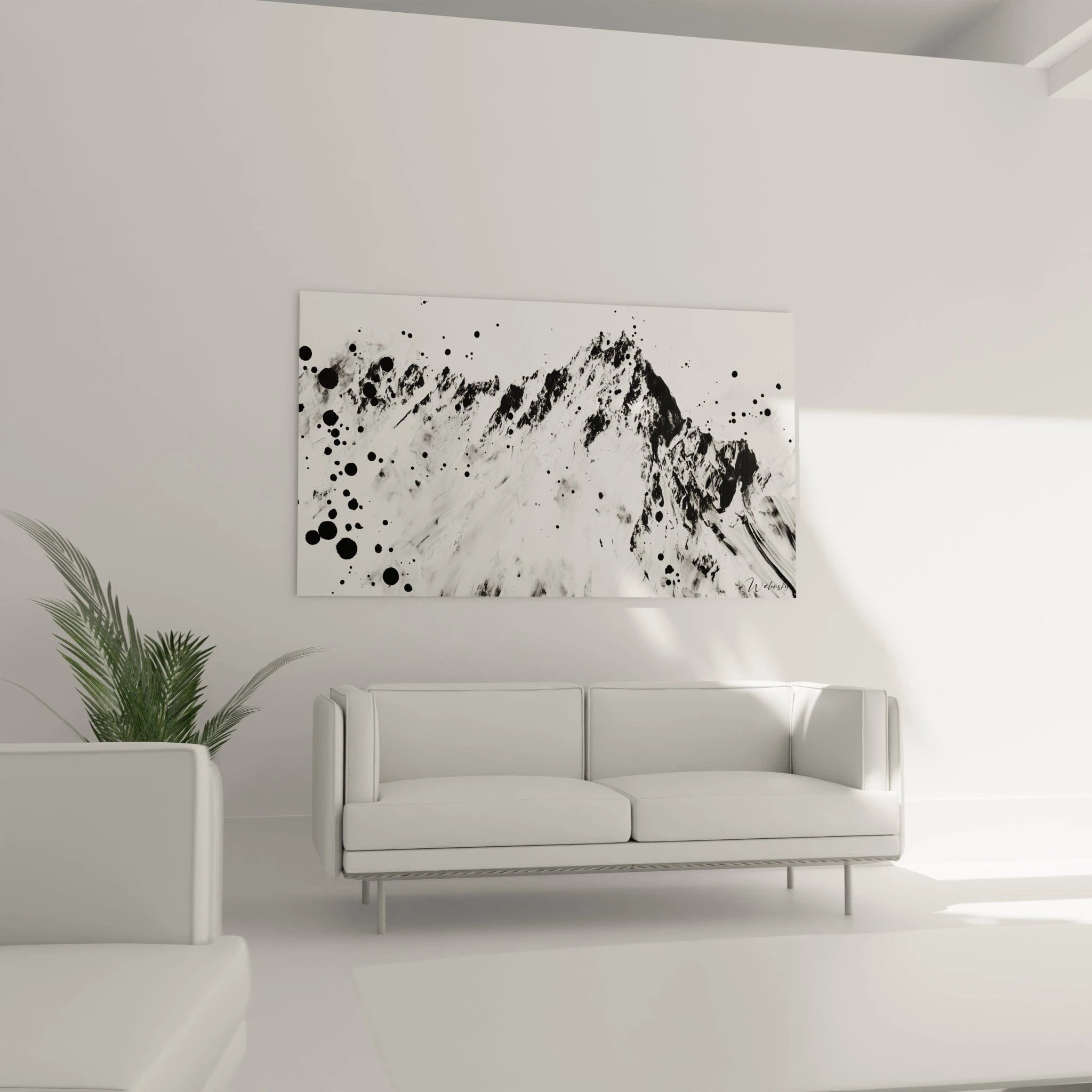 Tableau tacheté noir et blanc de Walensky représentant des montagnes, parfait pour décorer un salon moderne