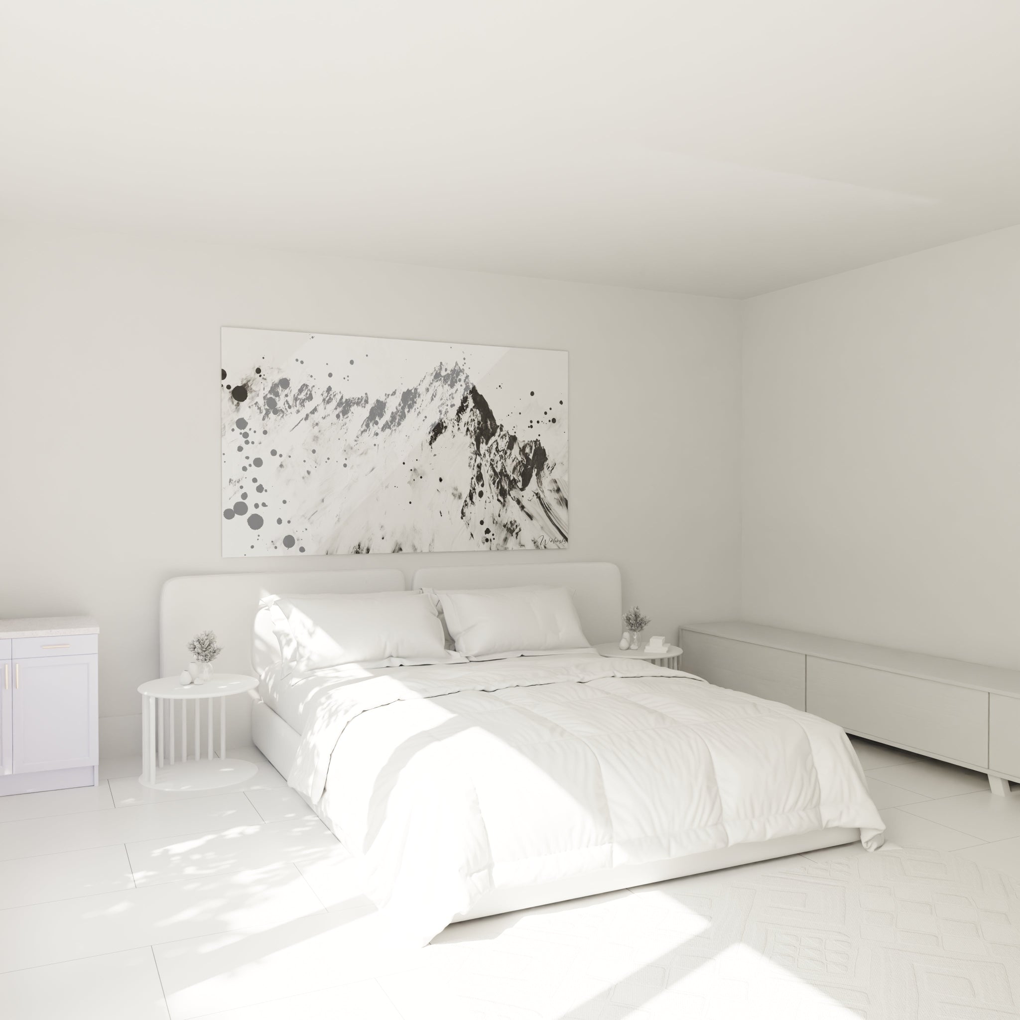 Tableau tacheté noir et blanc Walensky décorant une chambre moderne avec lit et meubles clairs
