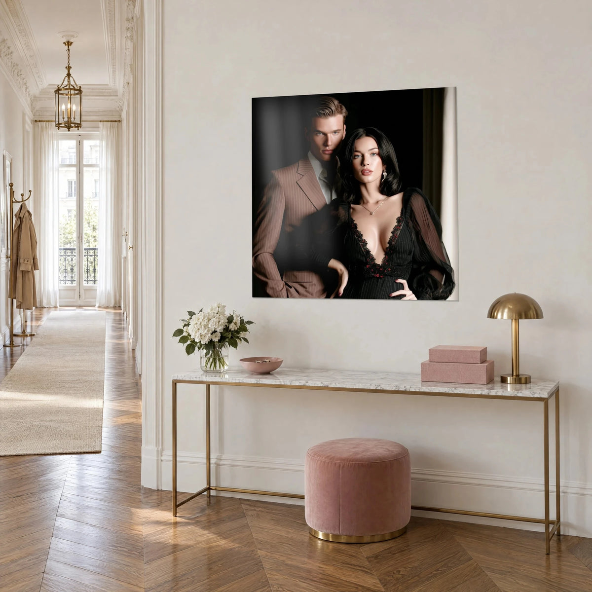 Wall art elegant duo on a black background, pink striped blazer and red lace neckline, three-quarter view in a Haussmann-style entrance hall