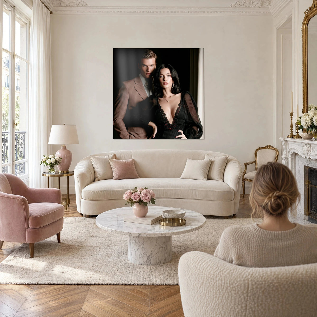 Wall art glamorous couple, blond man in a taupe striped suit, brunette in a black lace dress, above a sofa in a bright living room
