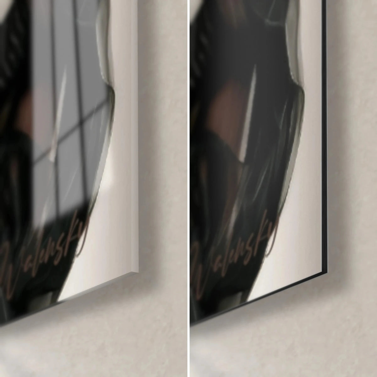 Wall art society portrait, bottom right corner: glossy acrylic glass on the left, matte black Dibond on the right, gold signature, 3 mm edge