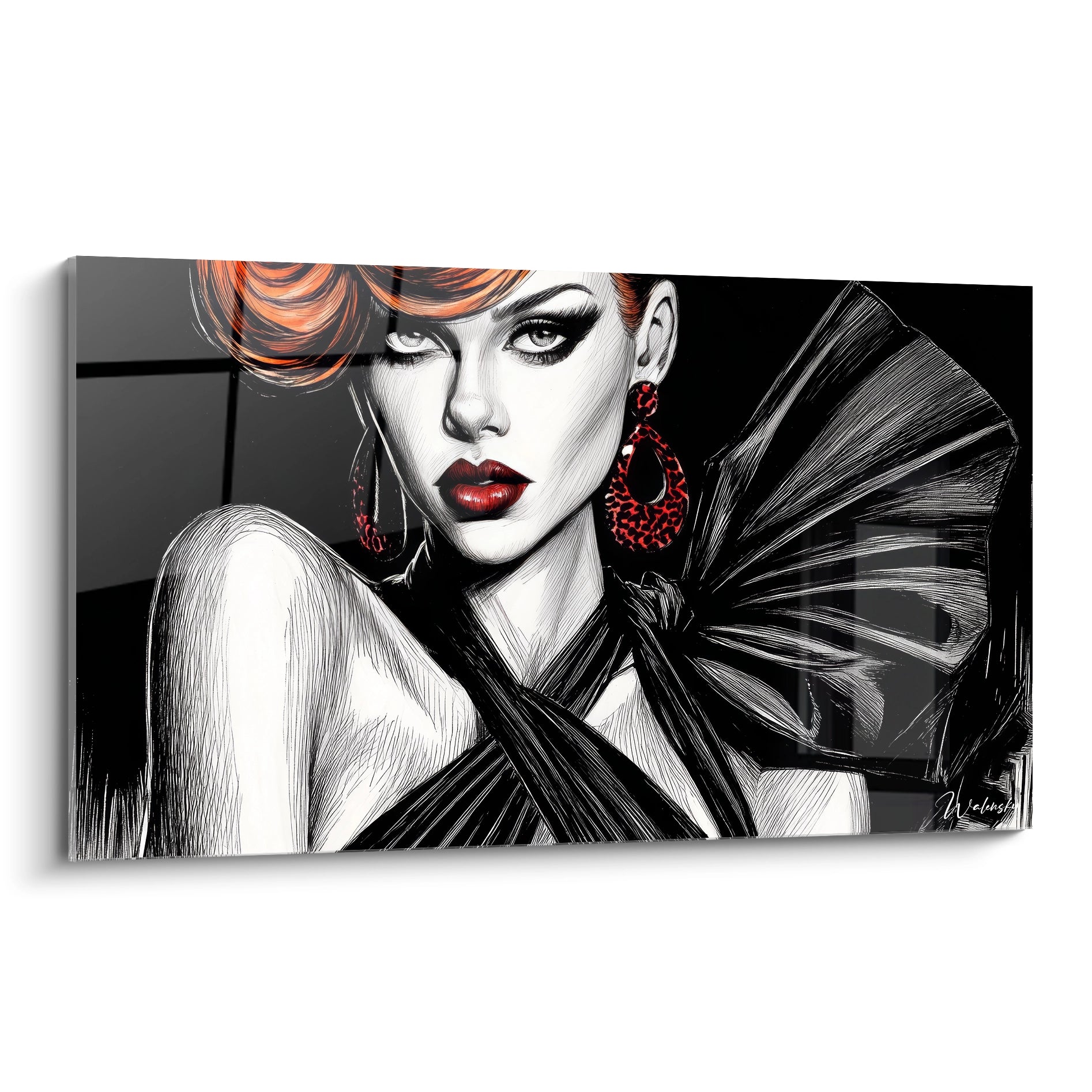 Tableau glamour noir et rouge avec le portrait d'une femme élégante en robe noir avec des boucles d'oreilles rouges