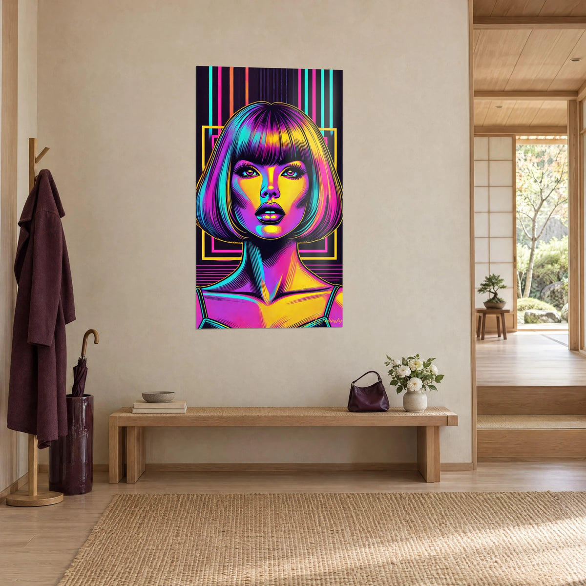 Quadro musa retrò dalle labbra viola e dal viso giallo brillante, cornici neon rosa e gialle, parete color crema di un ingresso japandi