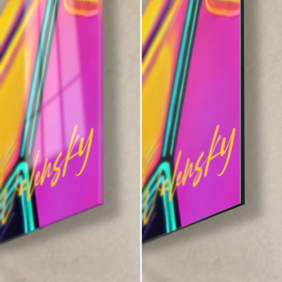 Quadro donna con cappello bucket al neon, angolo in basso a destra, firma dorata Walensky, fucsia e turchese, vetro acrilico lucido e Dibond opaco, spessore 3 mm